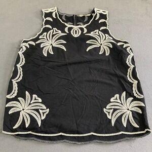Soft Surroundings Black White Palm Embroidered Linen Blend Tank Top Small